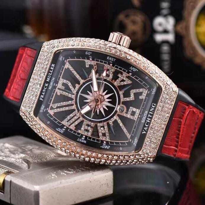 Franck Muller Yachting luxury watch with diamond-encrusted bezel and red leather strap