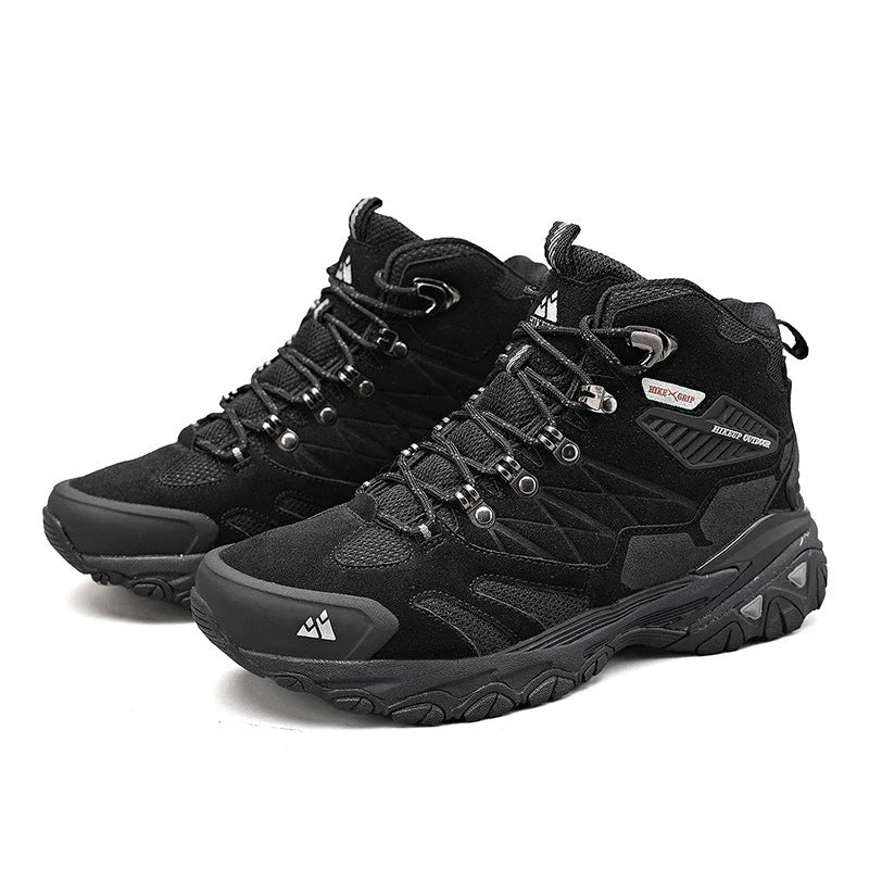 Black hiking boots with rugged soles, metal eyelets, and durable design for outdoor use