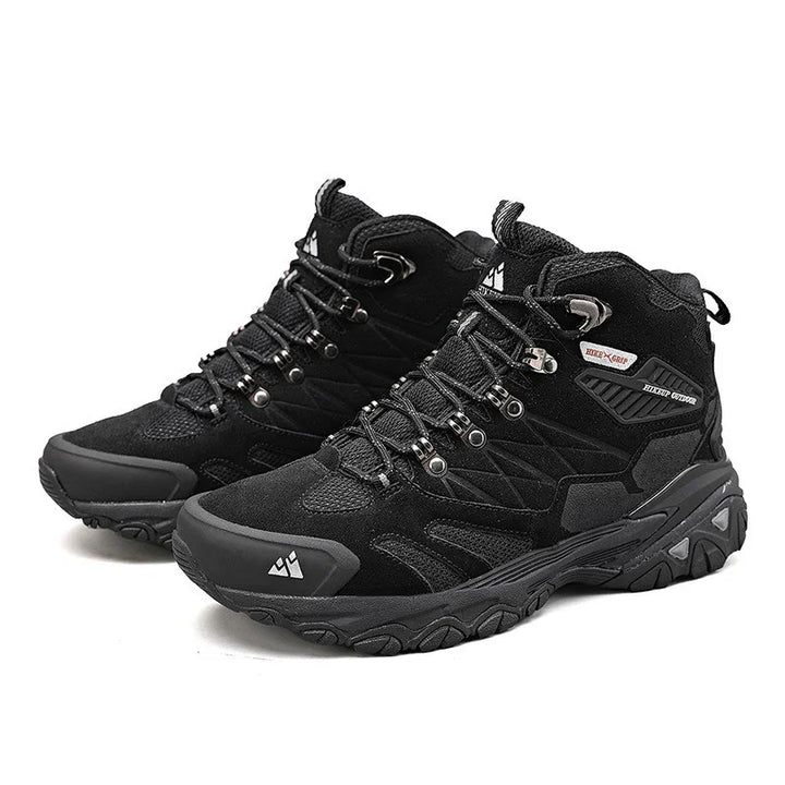 Black hiking boots with rugged soles, metal eyelets, and durable design for outdoor use