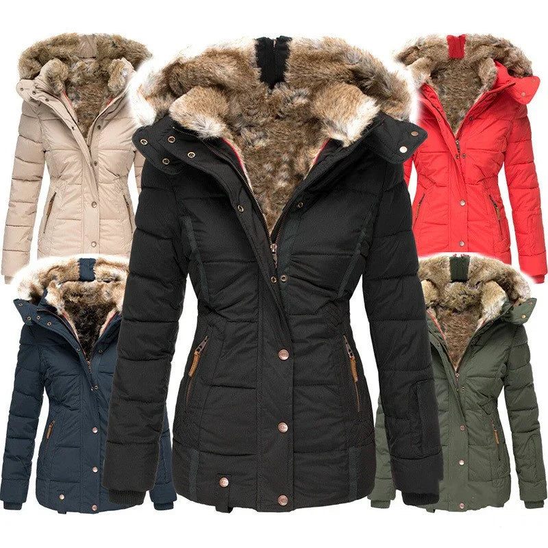 Women's winter jackets with fur-lined hoods in black, beige, red, navy blue, and olive green colors