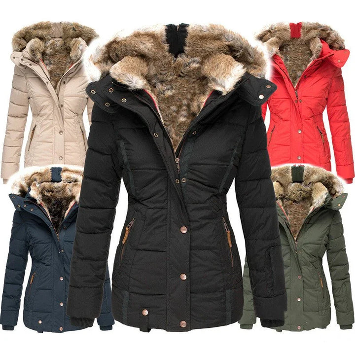 Women's winter jackets with fur-lined hoods in black, beige, red, navy blue, and olive green colors