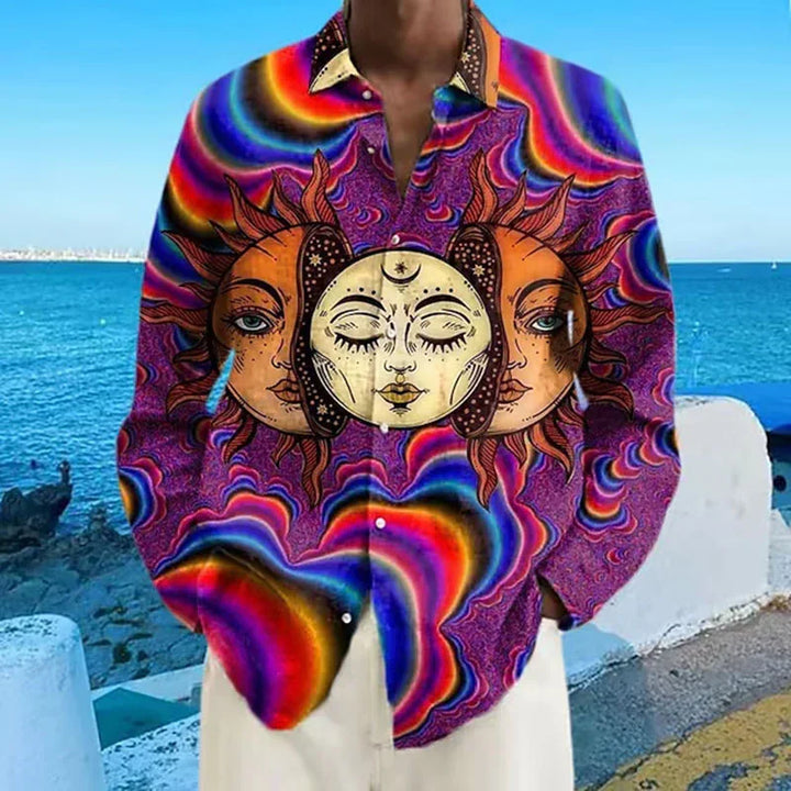 Vibrant psychedelic shirt featuring sun and moon celestial faces with swirling colorful patterns