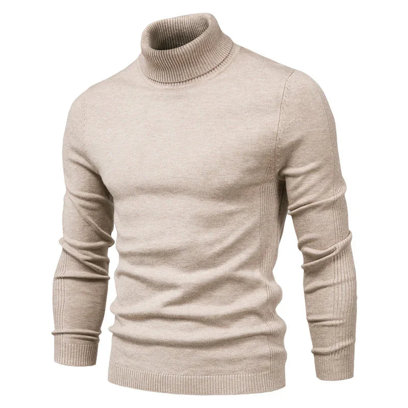 Beige men's turtleneck sweater with ribbed cuffs and collar, slim fit winter knitwear