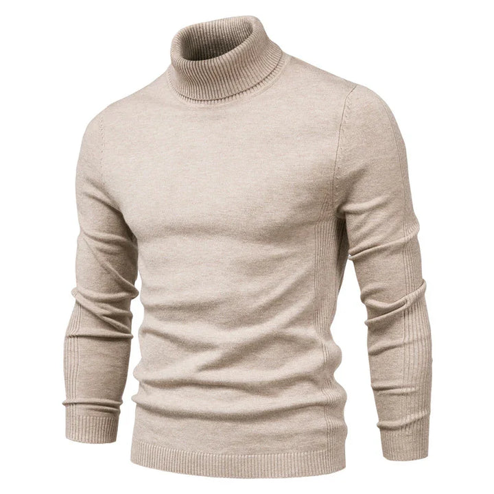 Beige men's turtleneck sweater with ribbed cuffs and collar, slim fit winter knitwear