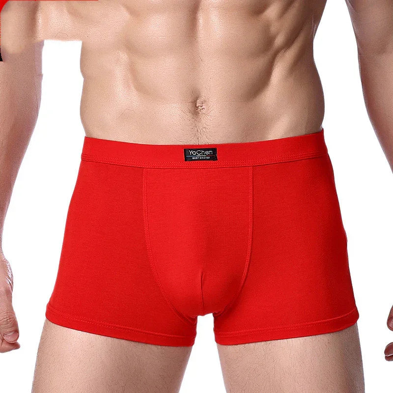 Male torso wearing bright red boxer briefs with YaChen label on waistband
