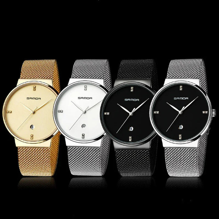 Four elegant Sanda wristwatches with mesh metal bands in gold, silver, and black, minimalist design