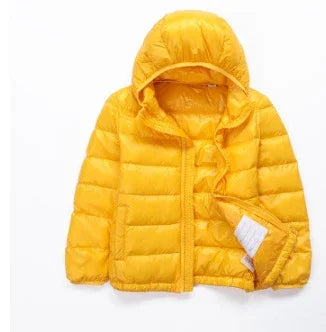 Bright yellow hooded puffer jacket with quilted design and open front on white background