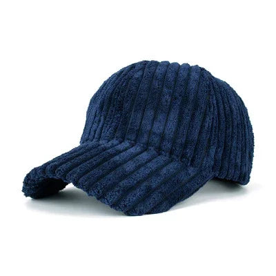 navy blue ribbed fleece baseball cap with curved brim on white background