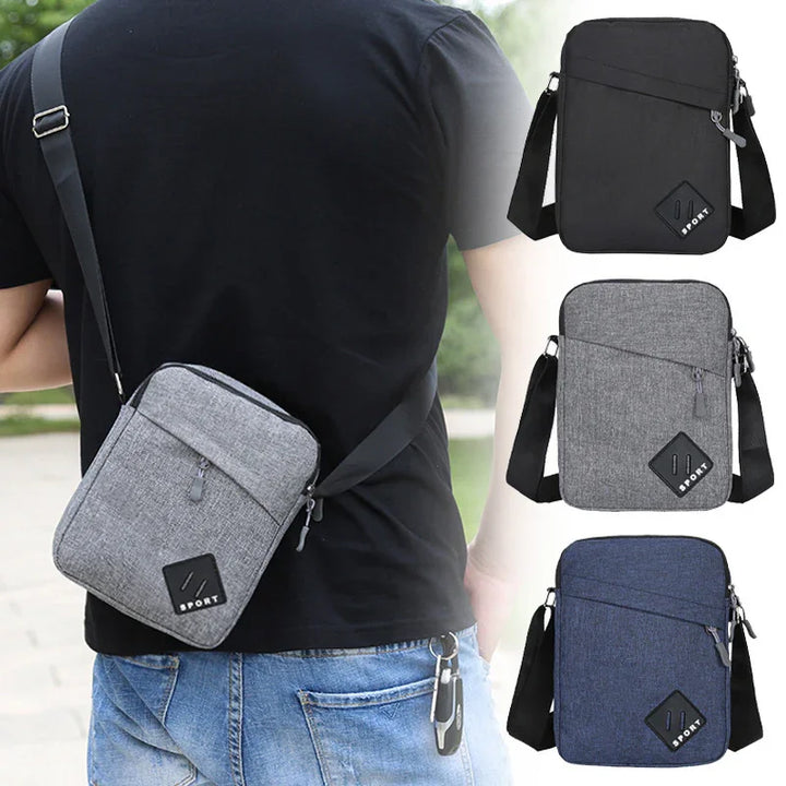 Men's crossbody sport bags in black, gray, and blue with adjustable straps shown on man outdoors