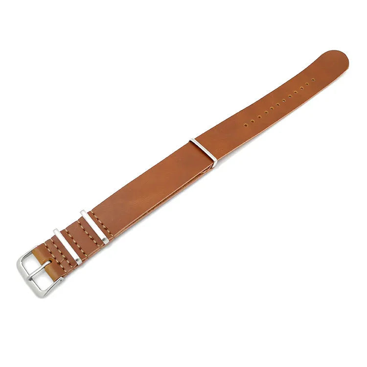 Brown leather watch strap with silver buckle and multiple adjustment holes on white background
