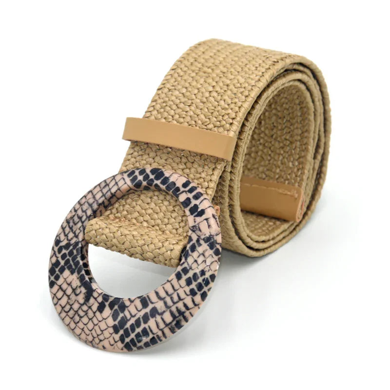 Beige woven fabric belt with round snake print buckle, stylish casual accessory