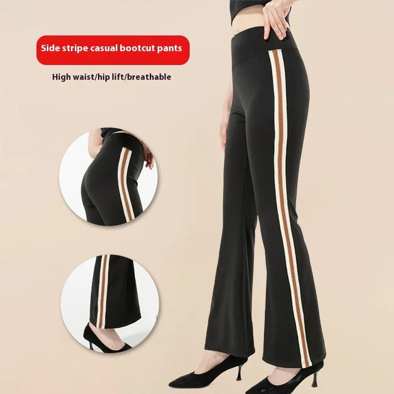 Black side stripe casual bootcut pants with high waist and breathable fabric, worn with black heels
