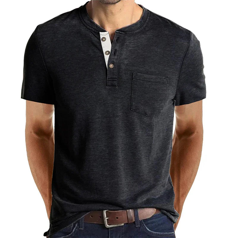 Men's black short sleeve henley t-shirt with chest pocket and button placket