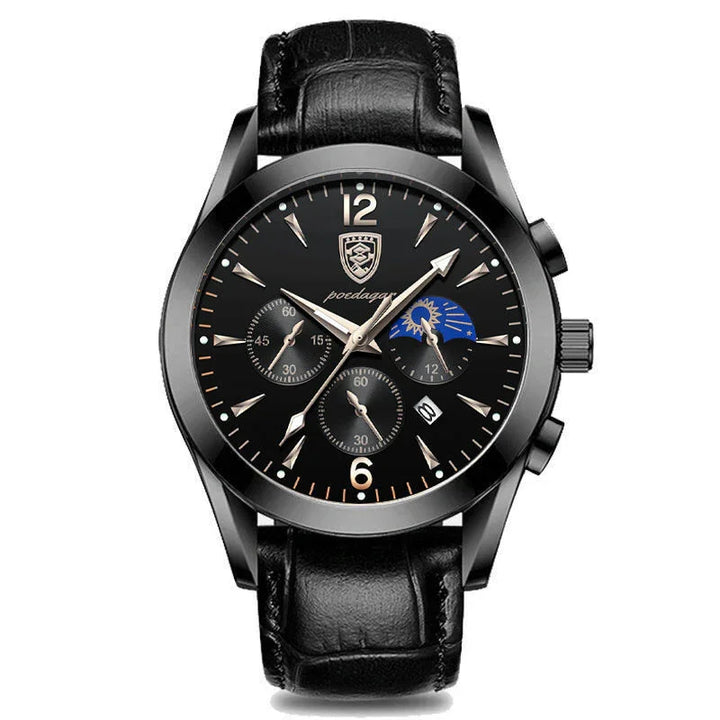 Black leather strap men's wristwatch with black dial, chronograph subdials, moon phase, and date display