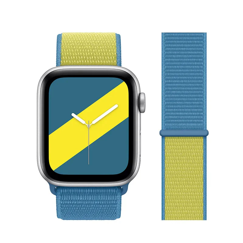 Smartwatch with blue and yellow nylon sport band and matching blue and yellow watch face