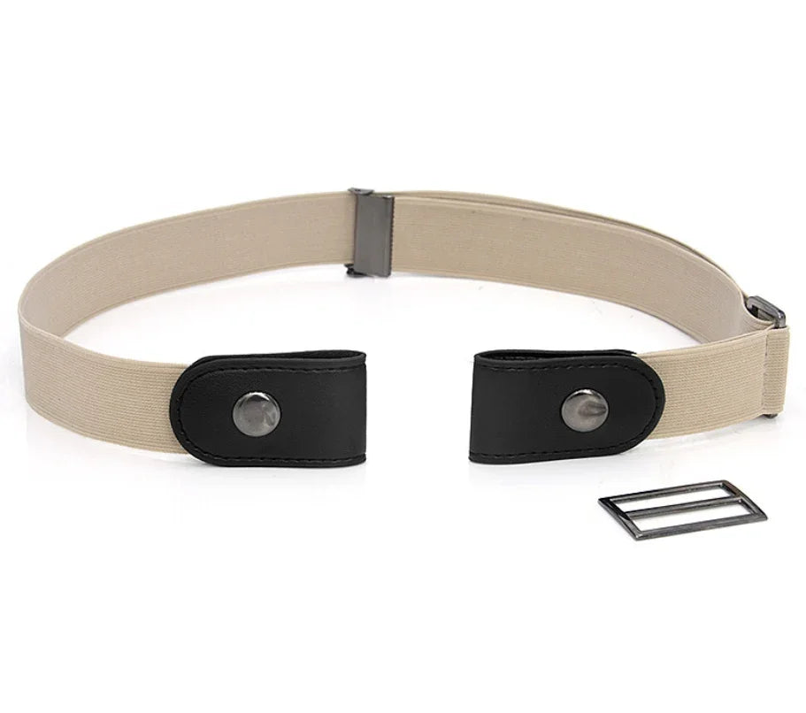 Adjustable beige elastic belt with black snap button ends and metal buckle accessory