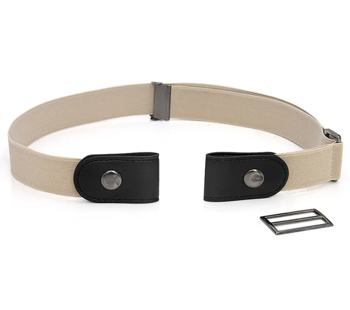 Adjustable beige elastic belt with black snap button ends and metal buckle accessory