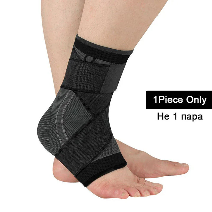 Black adjustable ankle support brace on foot, orthopedic compression sleeve, 1 piece only