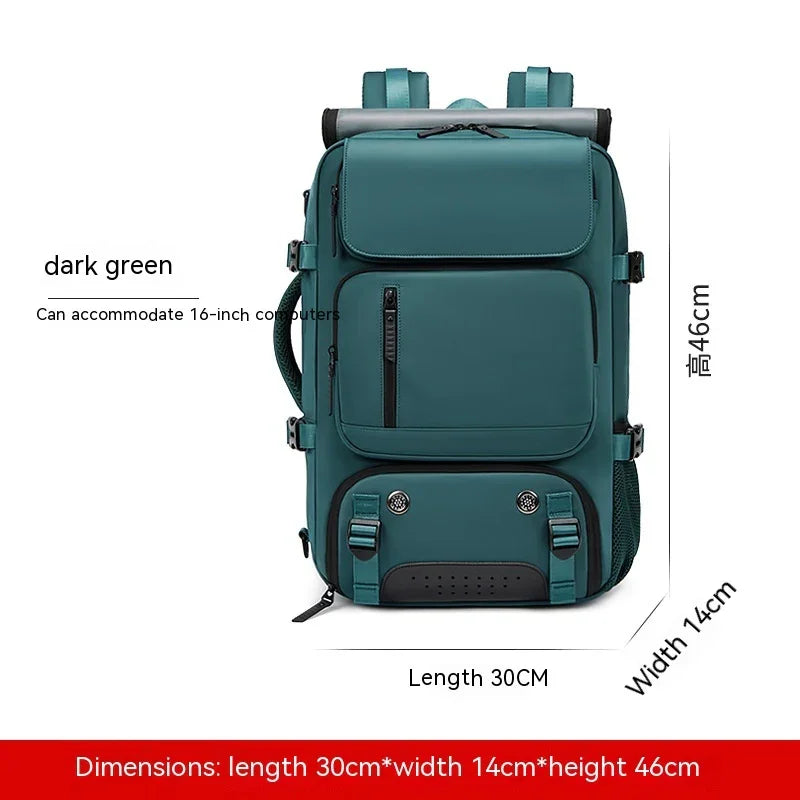 Dark green backpack for 16-inch laptop, multiple pockets, 30x14x46cm dimensions