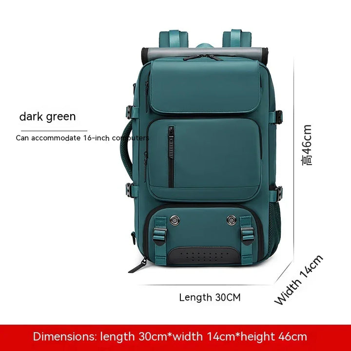 Dark green backpack for 16-inch laptop, multiple pockets, 30x14x46cm dimensions