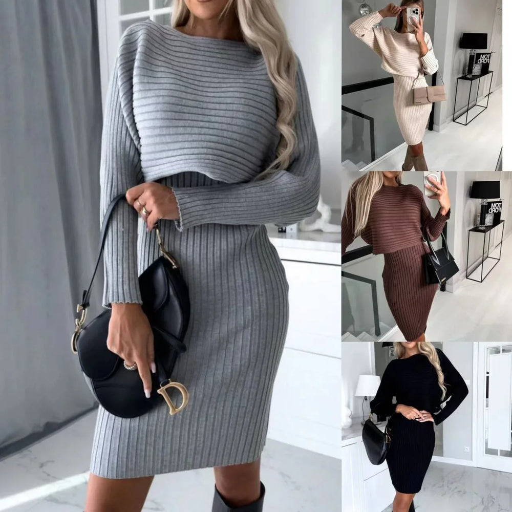 Women modeling ribbed knit two-piece dress sets in gray, beige, brown, and black indoors with handbags