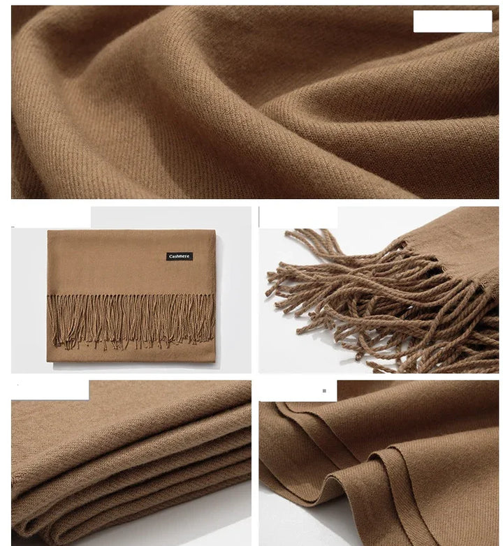 Brown cashmere scarf with fringes, soft texture close-up, folded and draped fabric details