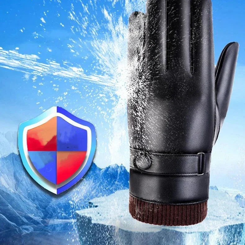 Black leather winter glove with water splash protection and shield icon on icy mountain background