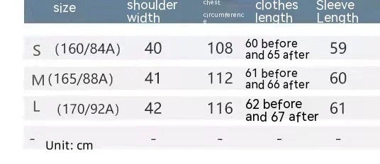 Size chart showing shoulder width, chest circumference, clothes length, and sleeve length in cm for sizes S, M, and L