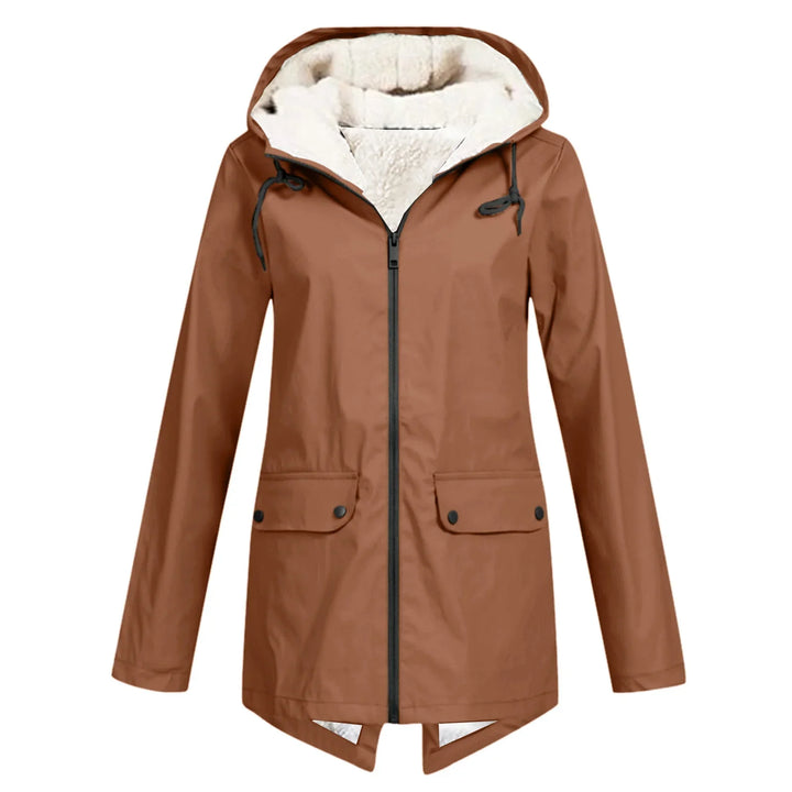 Brown women's winter coat with white fleece lining, hood, front zipper, and flap pockets