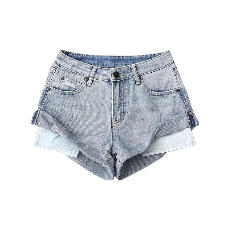 Light blue denim shorts with cuffed hems and classic five-pocket design on white background