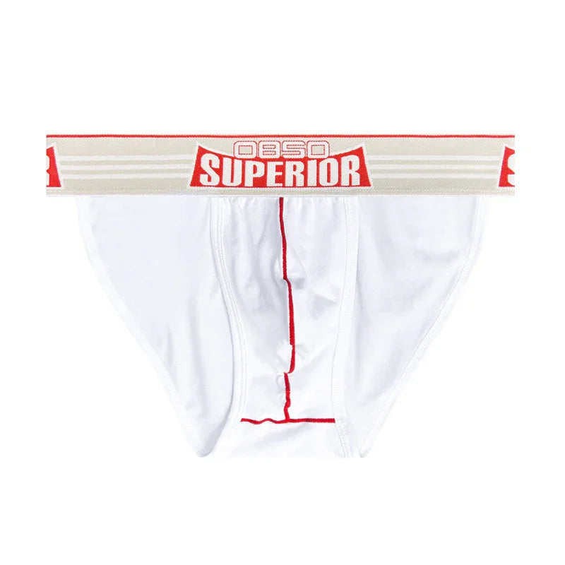 White men's briefs with red stitching and a beige waistband featuring red SUPERIOR logo