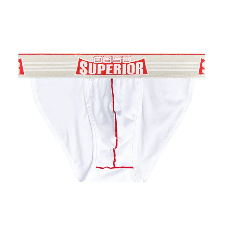 White men's briefs with red stitching and a beige waistband featuring red SUPERIOR logo