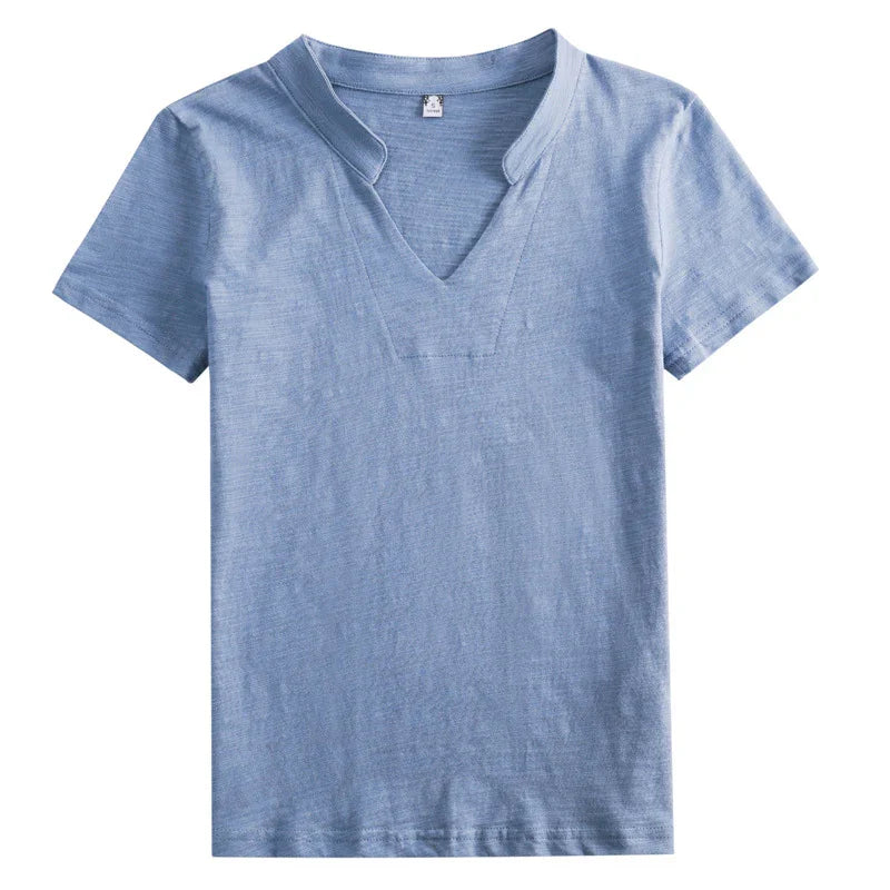 Light blue short-sleeve casual t-shirt with unique notch v-neck collar on white background