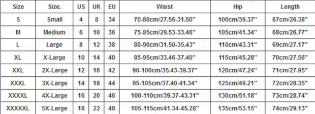 Size chart for pants showing US, UK, EU sizes with waist, hip, and length measurements in cm and inches