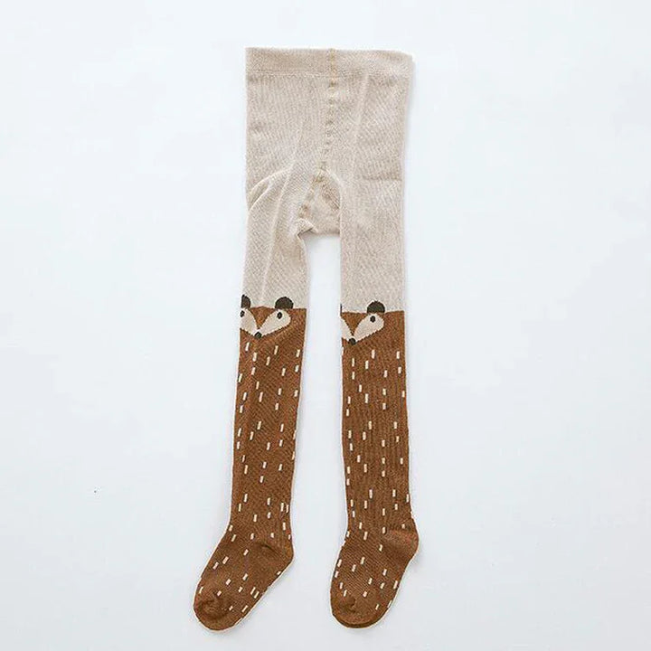 Beige and brown baby tights with cute animal face and pattern design on legs