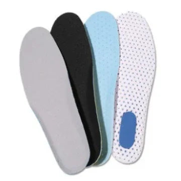 Four different colored shoe insoles including grey, black, light blue, and white with ventilation holes
