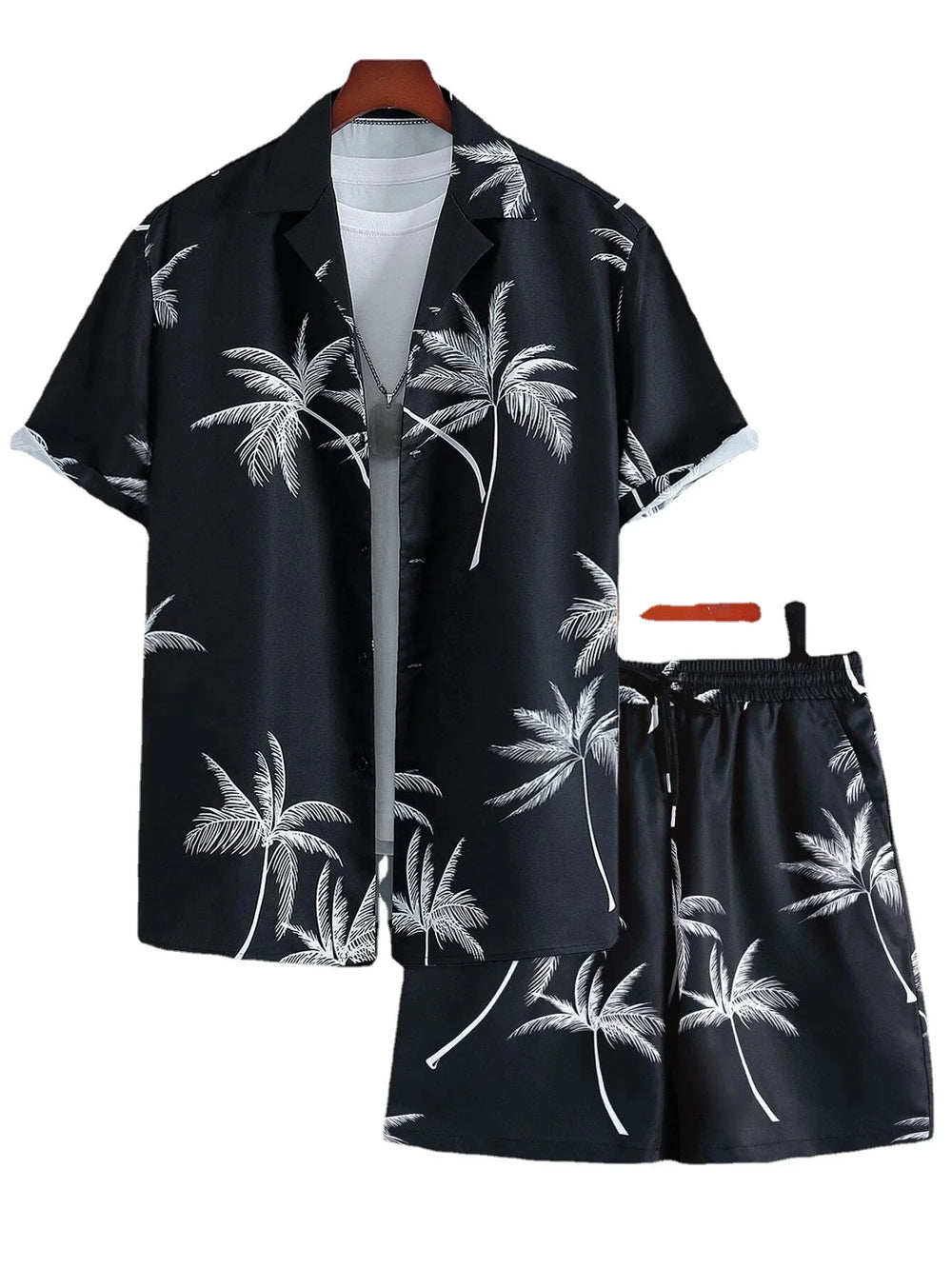 Black Hawaiian shirt and shorts set with white palm tree print and white undershirt