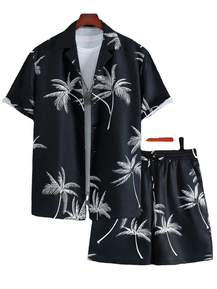 Black Hawaiian shirt and shorts set with white palm tree print and white undershirt