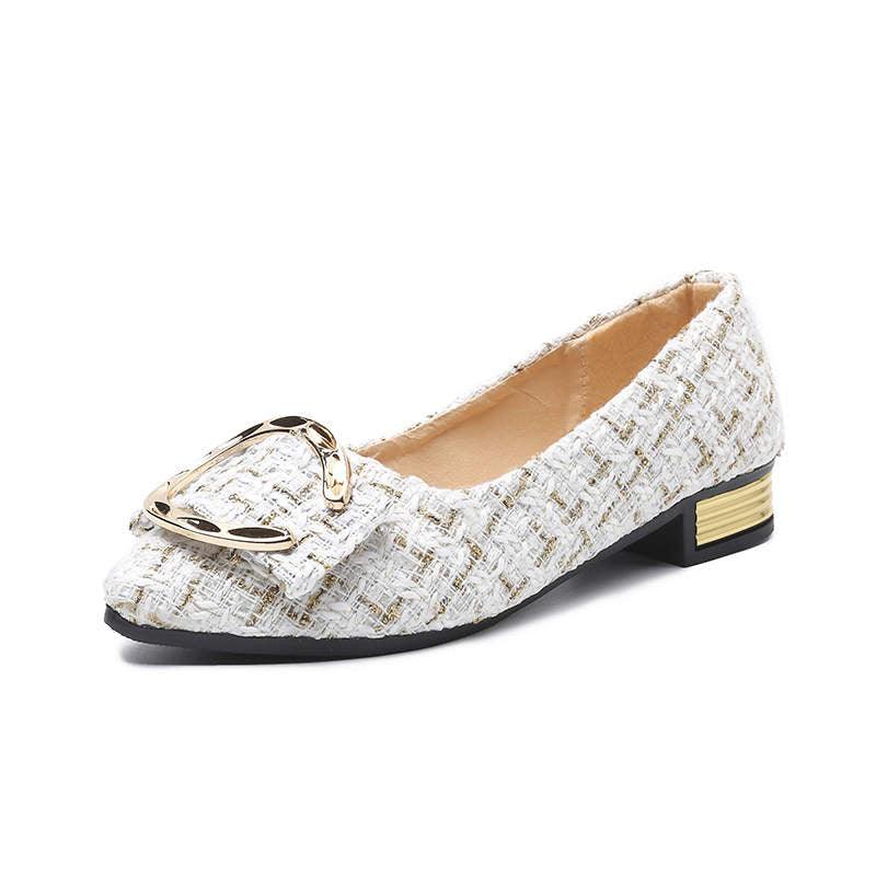 White textured fabric flat shoe with gold metal buckle and low heel detail