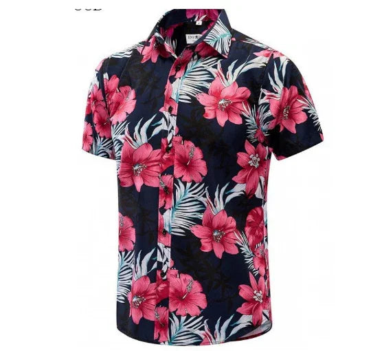Men's short-sleeve Hawaiian shirt with pink floral and green tropical leaf print on navy blue background