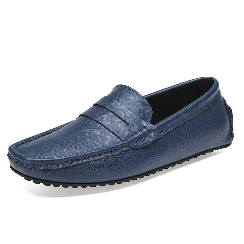 Men's navy blue leather driving loafer with moc toe and rubber sole