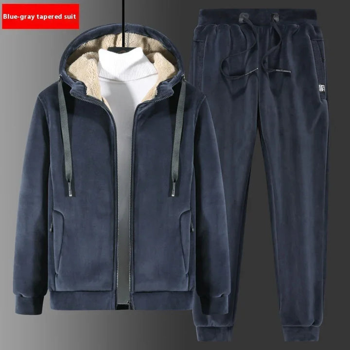 Blue-gray tapered hoodie and jogger tracksuit set with sherpa lining and white turtleneck
