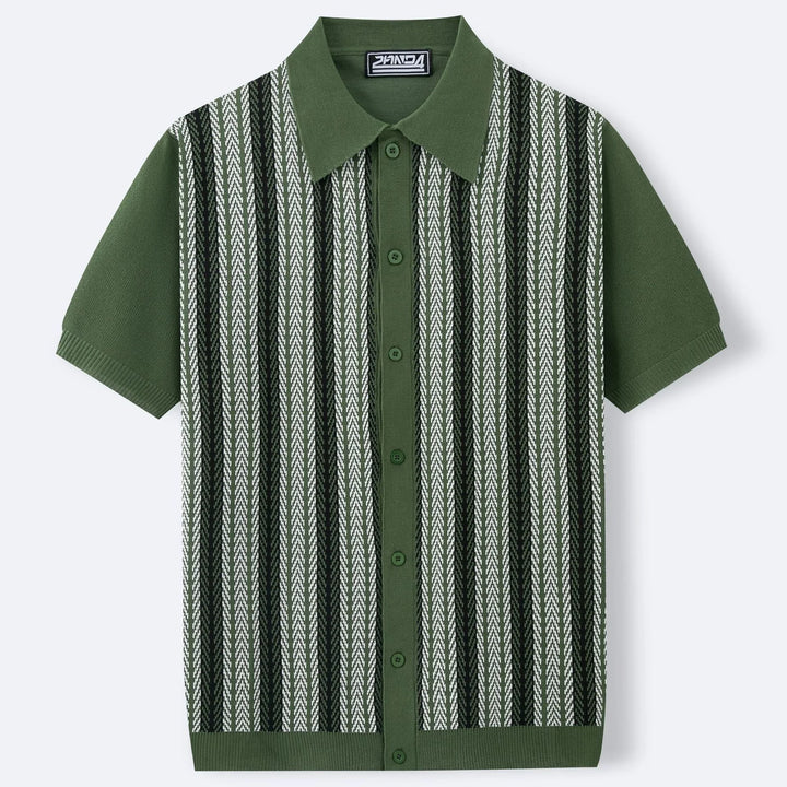 Green short-sleeve button-up polo shirt with vertical black and white herringbone stripes