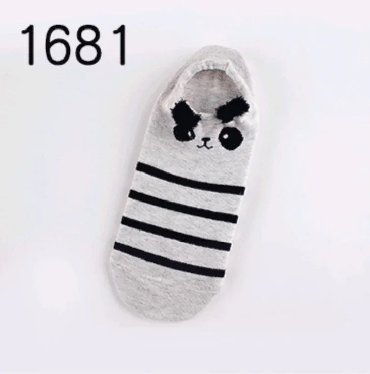 Gray ankle sock with black stripes and cute panda face design