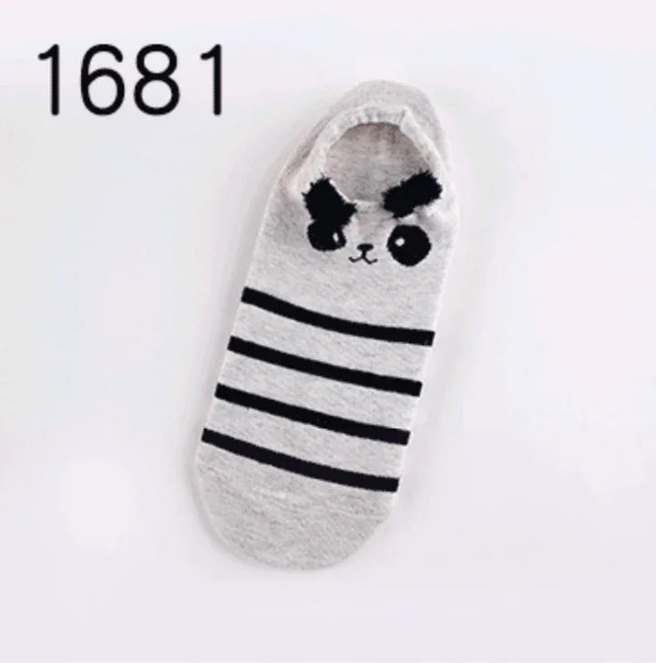 Gray ankle sock with black stripes and cute panda face design