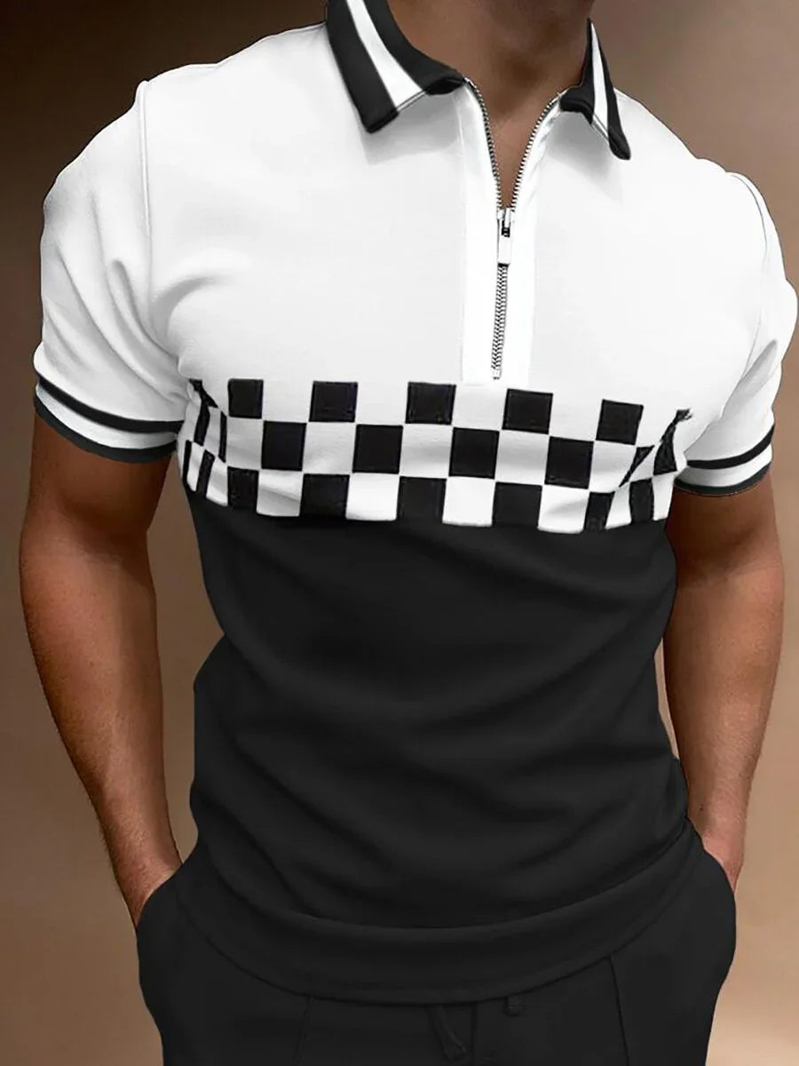 Men's short sleeve polo shirt with black and white checkered design and zipper collar