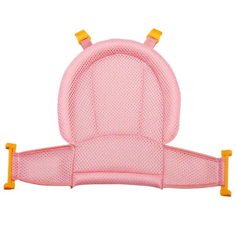 Pink breathable mesh baby bath seat support with adjustable straps and yellow clips