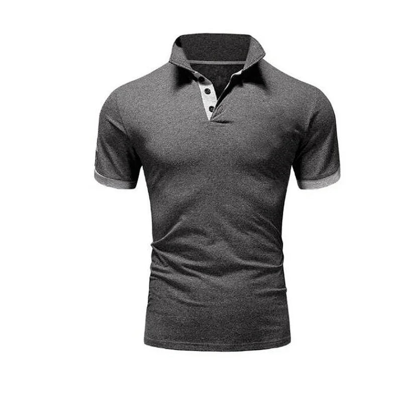 Men's fitted dark gray polo shirt with short sleeves and buttoned collar