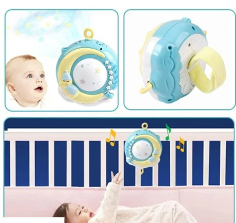 Blue and yellow baby crib musical mobile with moon and stars, attached to crib rail, entertaining infants