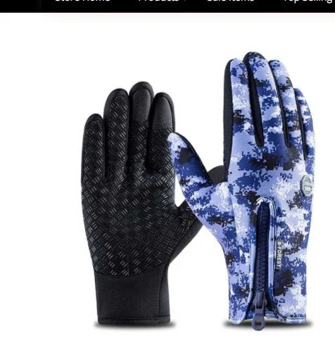 Pair of blue digital camouflage gloves with grip pattern and front zipper